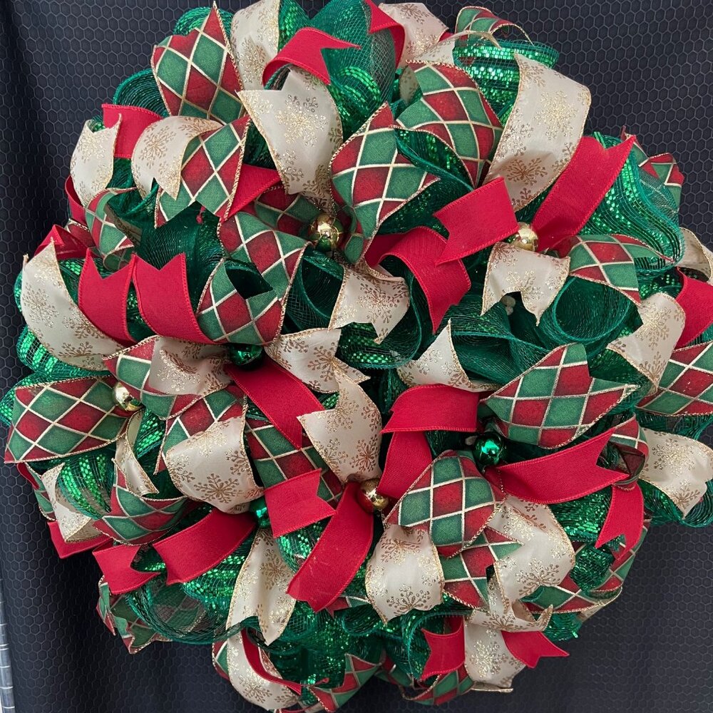 Christmas Wreath Gold, Red, and Green Made of Deco Mesh